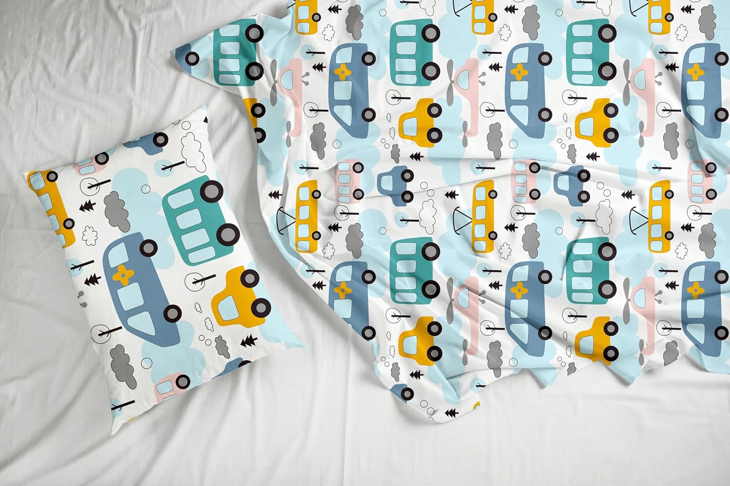 Bubblegum Blue Bus & Banana Yellow Cars 100% Cotton Flat King Bedsheet, 144 TC