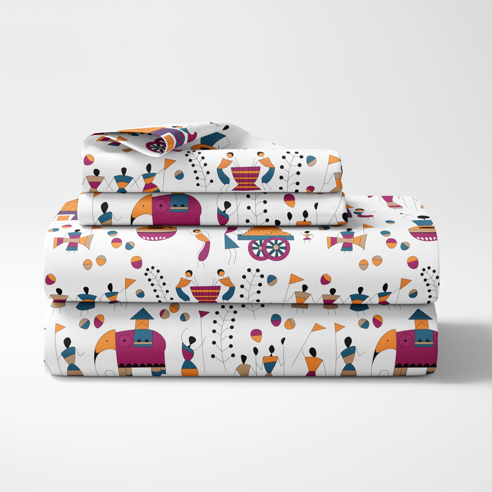 Multicolor Tribal Motifs on Crisp White 186 TC Cotton Double Bedsheet, 90 x 90 Inches — Soft Percale Weave with 2 Pillow Covers, Durable & Breathable