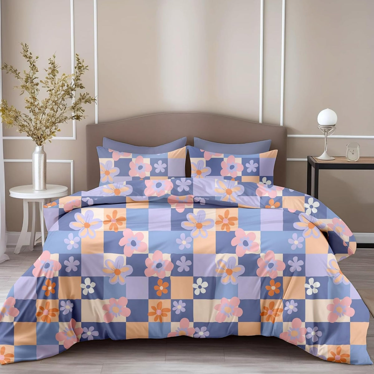 Loreto Cotton King Bedsheet | Pastel Floral Checkered Soft & Breathable