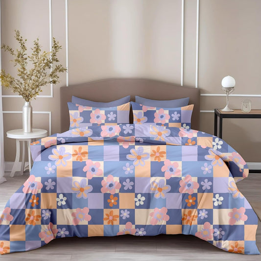 Loreto Cotton King Bedsheet | Pastel Floral Checkered Soft & Breathable
