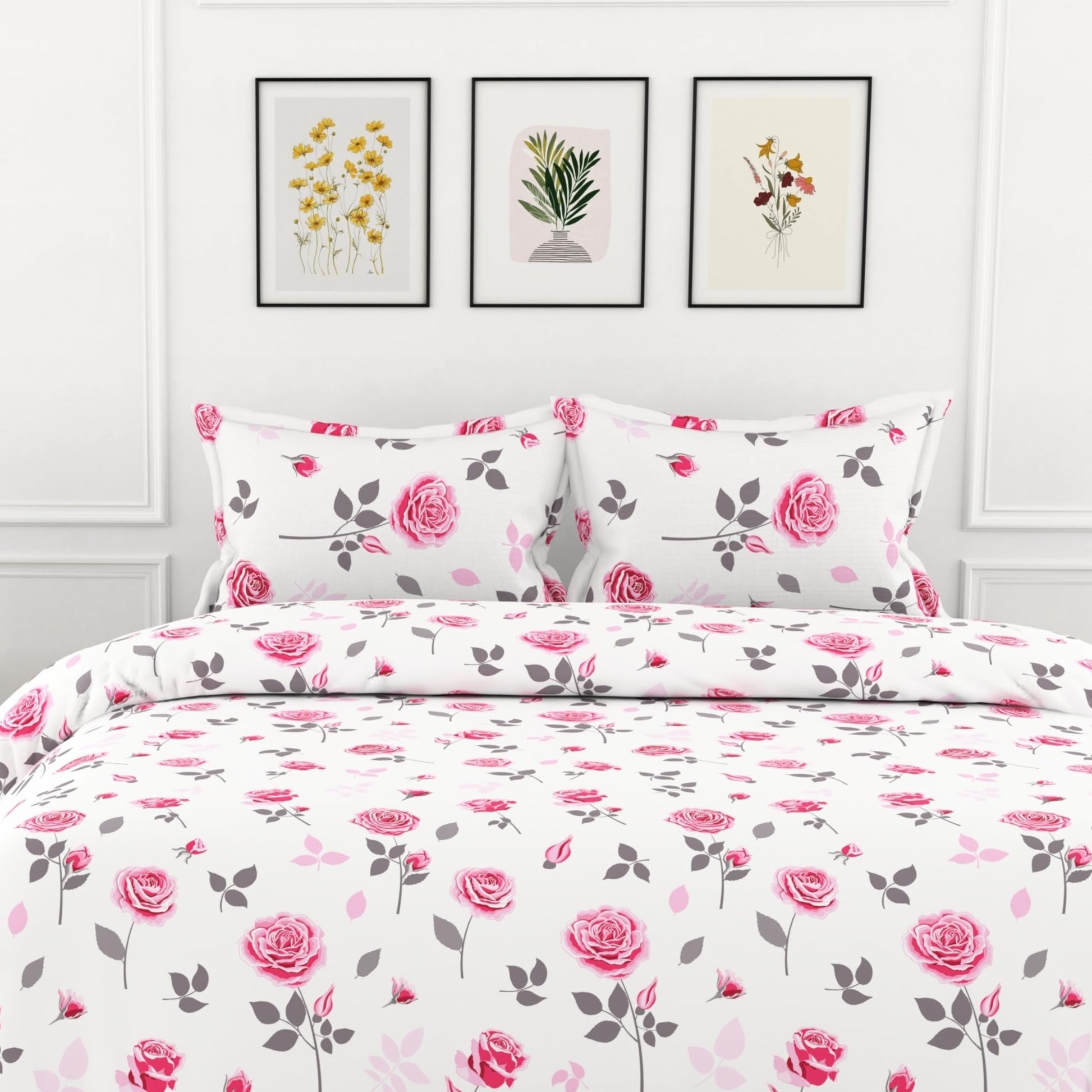 Pink Rose Symphony 100% Pure Cotton Double Bedsheet, 186 TC, 86 x 96 Inches, Soft & Breathable with 2 Pillow Covers