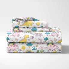 Loreto Cotton Double Fitted Bedsheet | Rainbow Dino Fun & Deep Blue Olive Waves