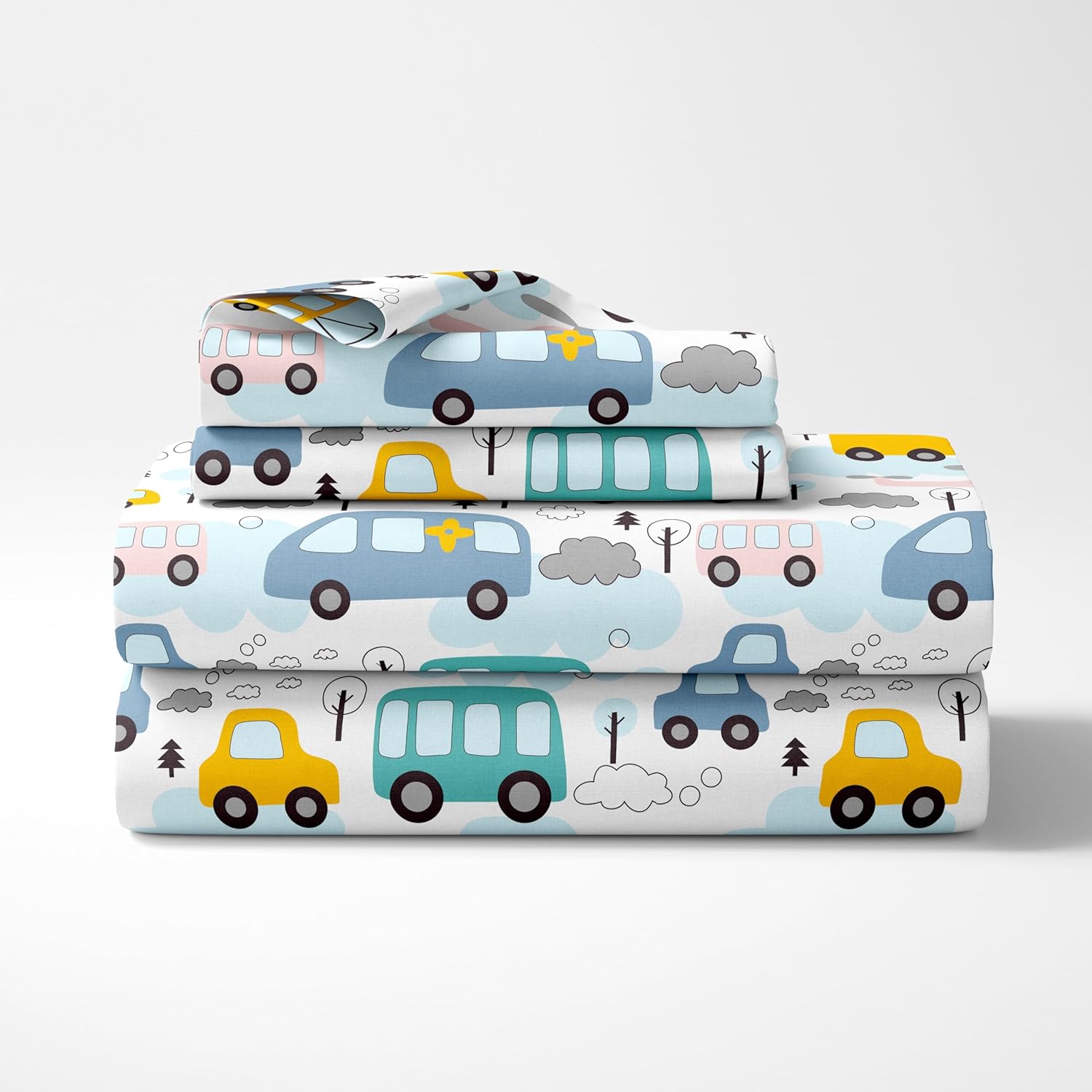 Bubblegum Blue Bus & Banana Yellow Cars 100% Cotton Flat Single Bedsheet, 144 TC