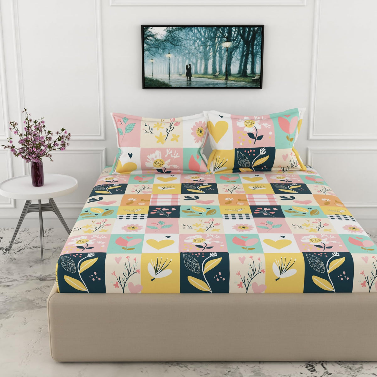 Loreto Pastel Garden Double Fitted Bedsheet | 186 TC | 100% Cotton | Fits 78 x 60 Inches | 8 Inch Pocket - main product image