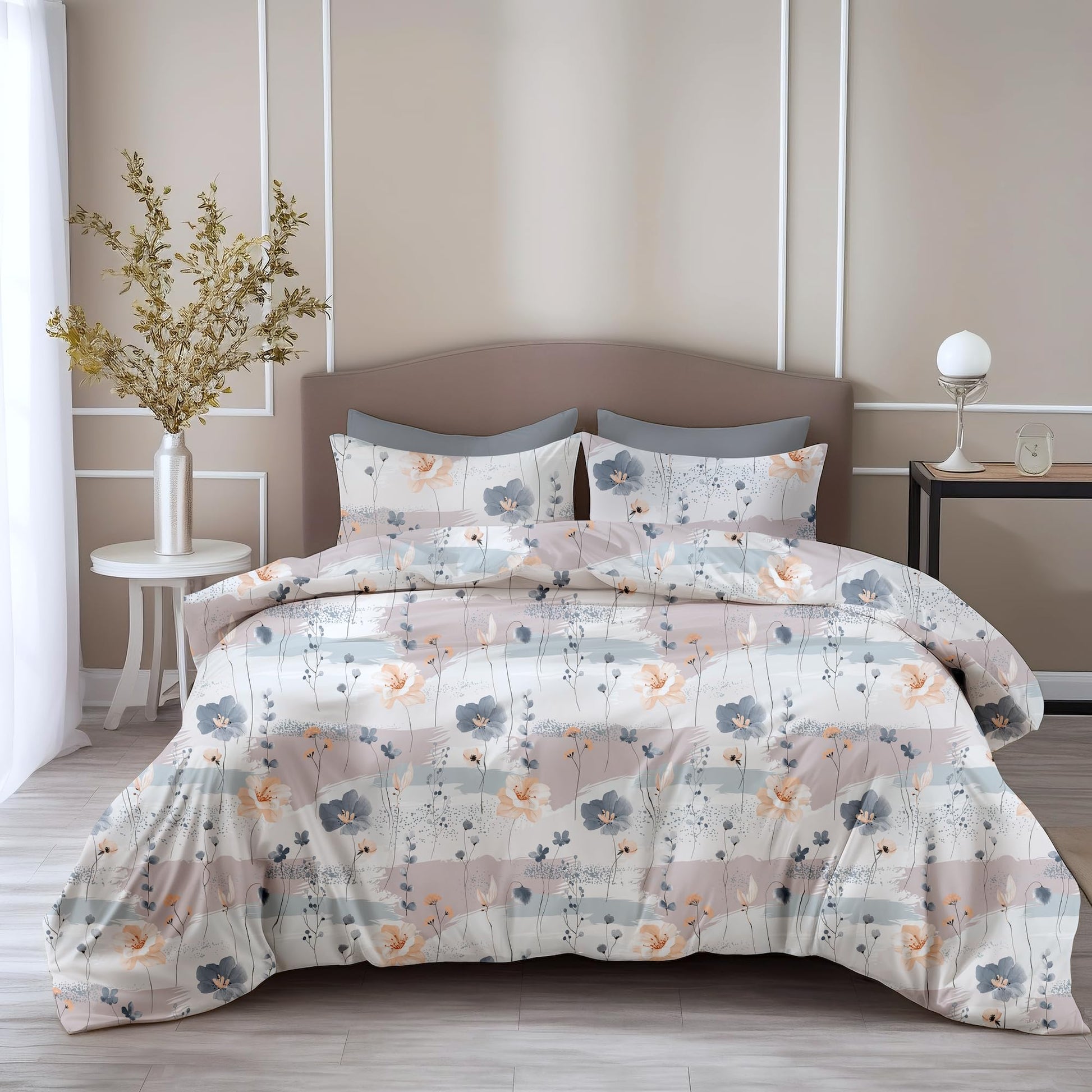 Blue & Peach Double Bedsheet - 210 TC 100% Cotton with 2 Pillow Covers (90 x 90 Inches)