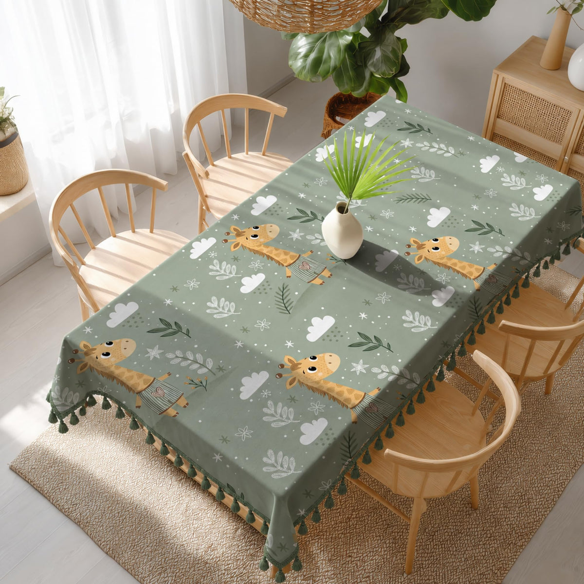 Loreto Sage Green Jungle Giraffe Cotton Dining Table Cover | 48 x 60 Inches - main product image