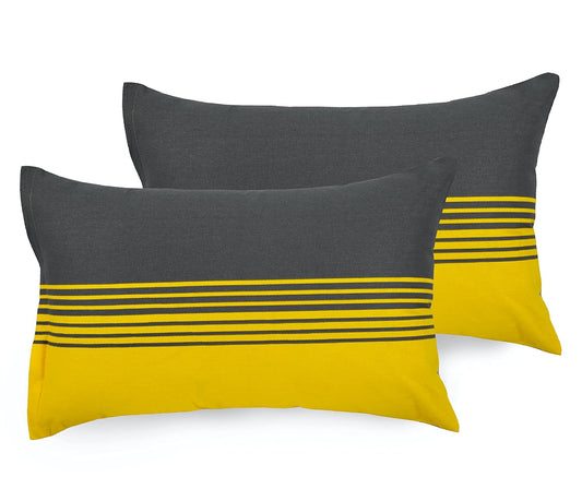 Lemon Yellow and Grey Checkered 100% Cotton Pillow Covers, Pack of 2, 144 TC