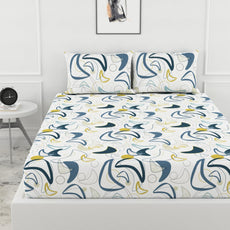 Blue & Olive Waves 100% Cotton Double Fitted Bedsheet with 2 Pillow Covers, 144 TC, 78 x 60 Inches