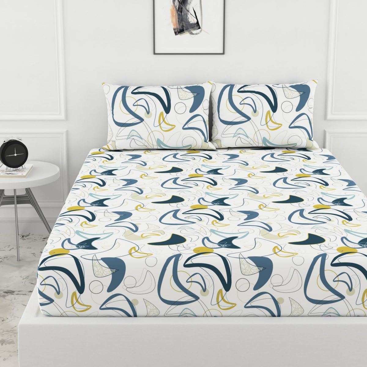 Blue & Olive Waves 100% Cotton Double Fitted Bedsheet with 2 Pillow Covers, 144 TC, 78 x 60 Inches