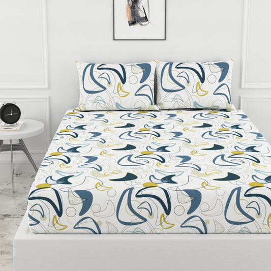 Blue & Olive Waves 100% Cotton Double Fitted Bedsheet with 2 Pillow Covers, 144 TC, 78 x 60 Inches