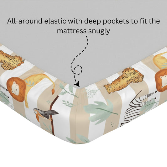 100% Cotton King Size Fitted Bedsheet 78 x 72 Inches with 2 Pillow Covers | Jungle Beige & Green Print | Soft & Breathable 144 TC Fabric