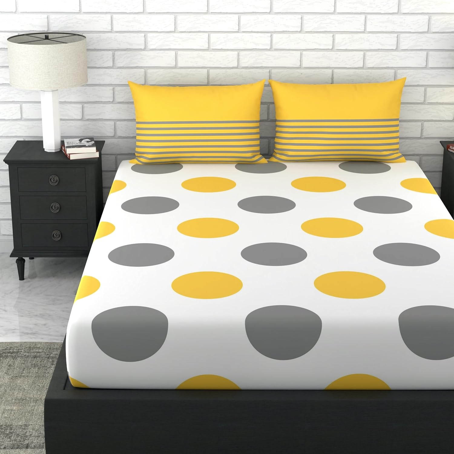 Loreto Cotton Double Bedsheet | Yellow and Grey Polka Dots