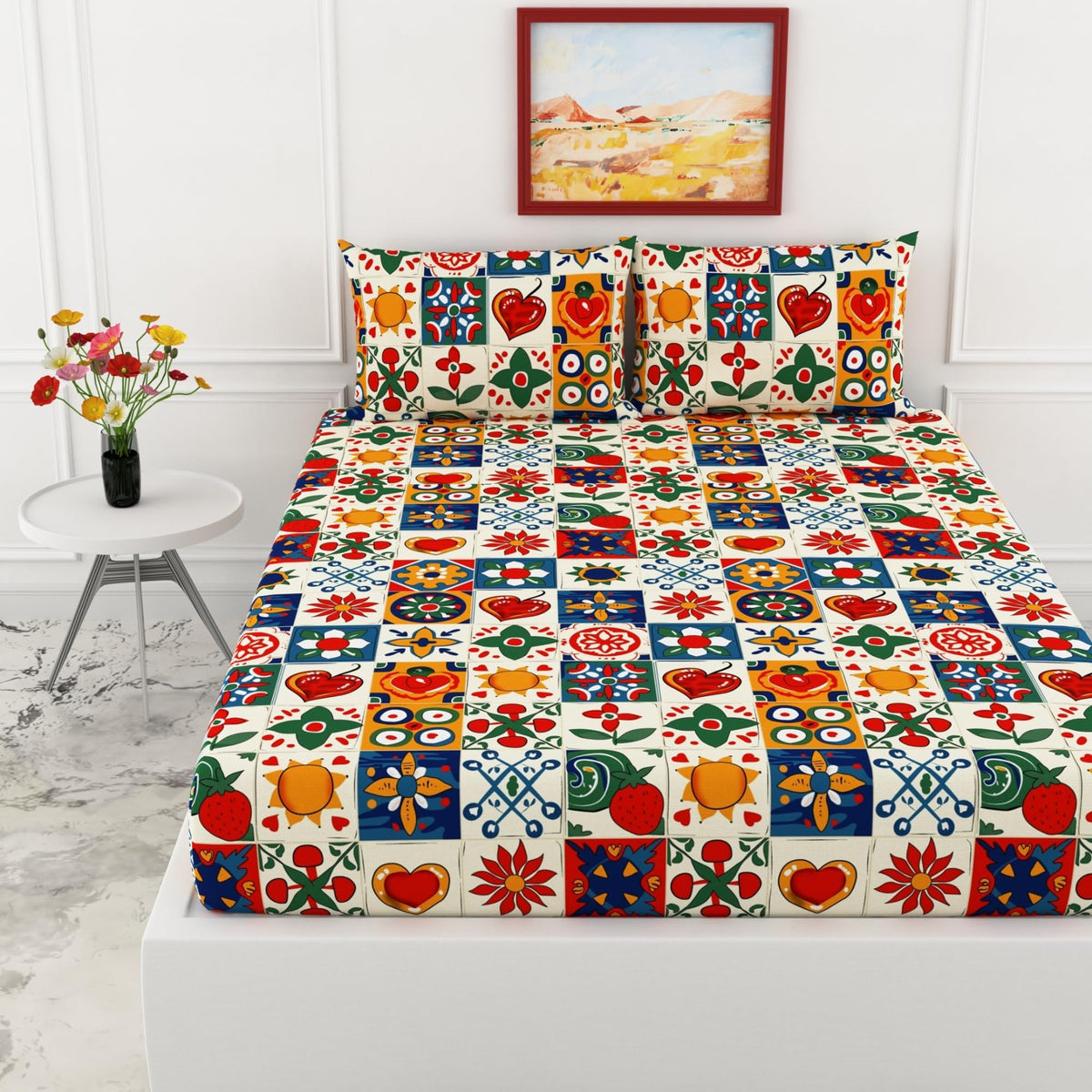 Loreto Cotton King Fitted Bedsheet | Red & Cobalt Blue Geometric