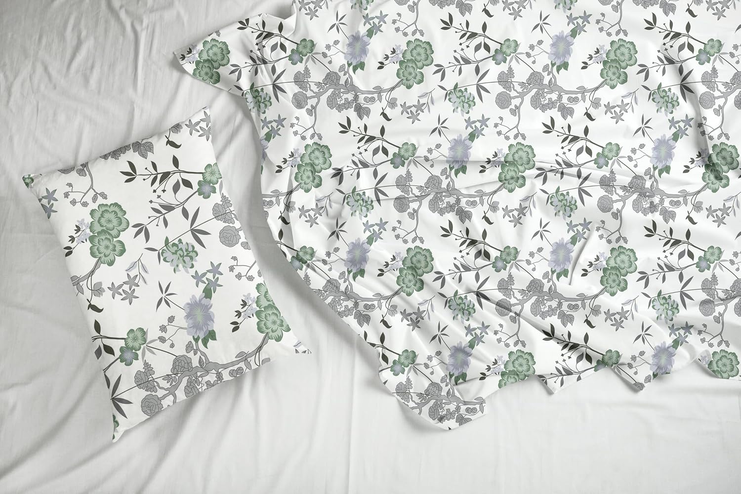 Sage Green & Silver Blooms Soft & Breathable 100% Cotton Flat King Bedsheet, 144 TC