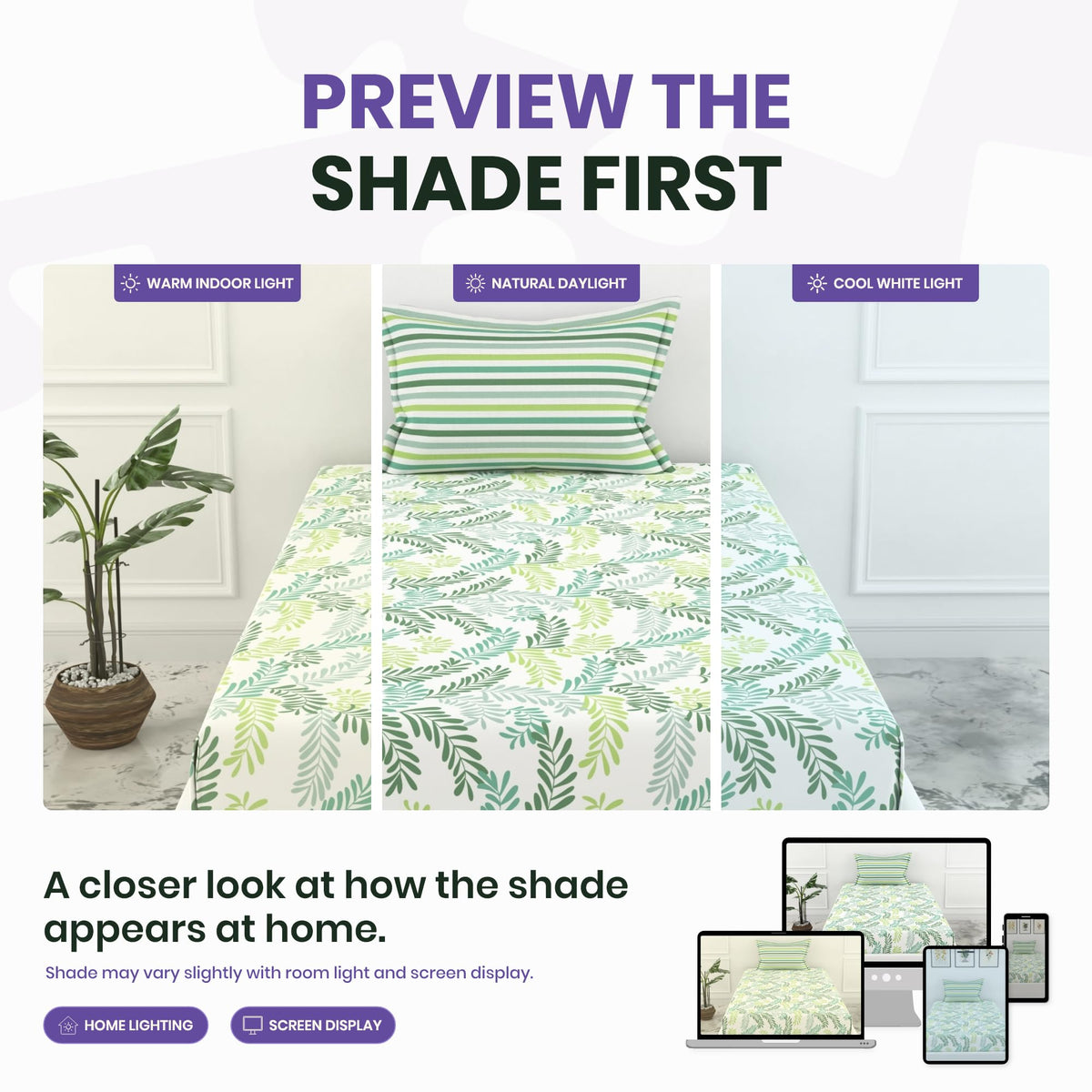 Loreto Green Leafy Haven Single Fitted Bedsheet | 100% Cotton | Fits 72 x 36 Inches | 8 Inch Pocket