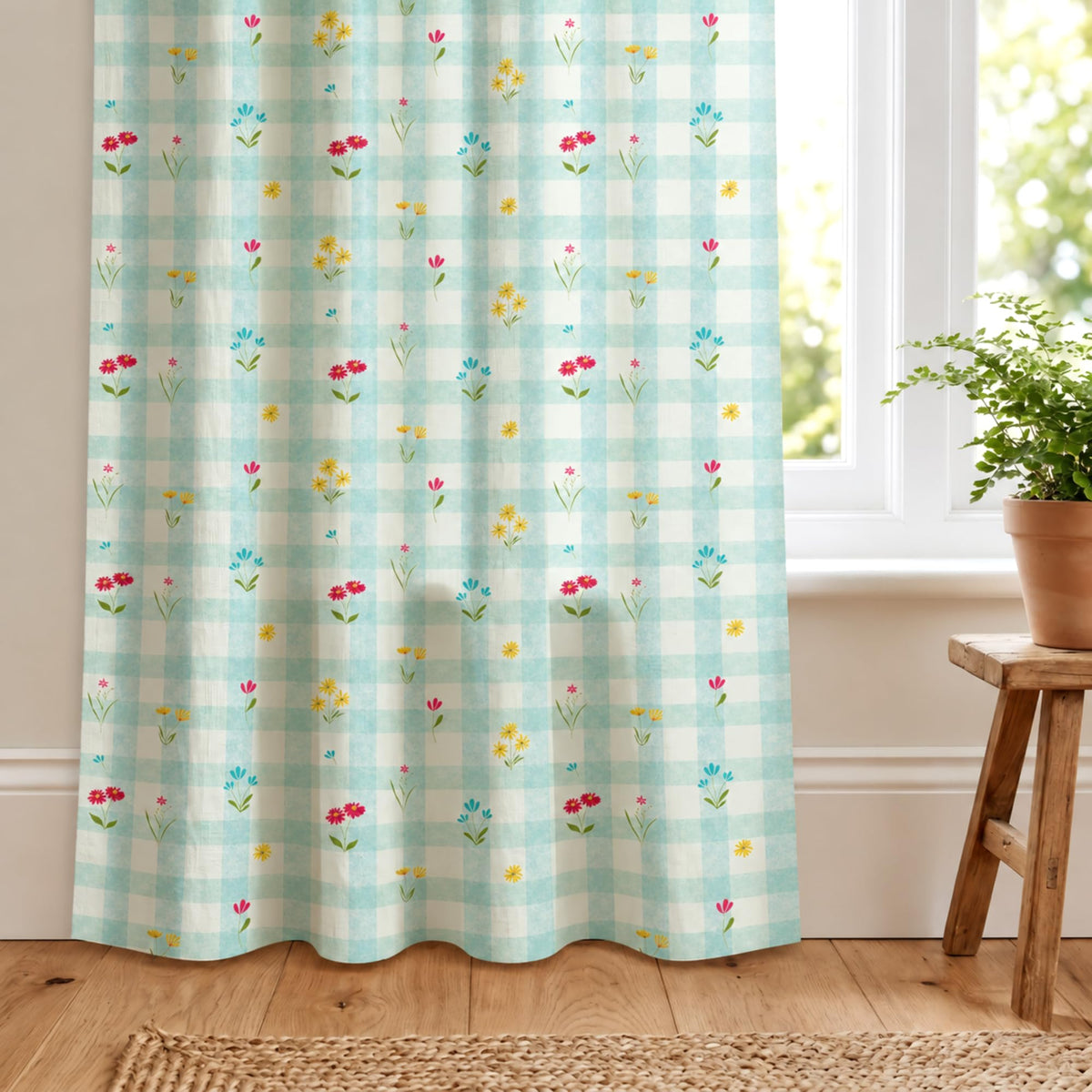 Loreto Minty Floral Check Curtain | Set of 2 | 48 x 84 Inches - main product image