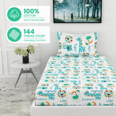Aqua & Rainbow Animal 144 TC 100% Cotton Elastic Fitted Single Bedsheet with 1 Pillow Cover - 78 x 36 Inches