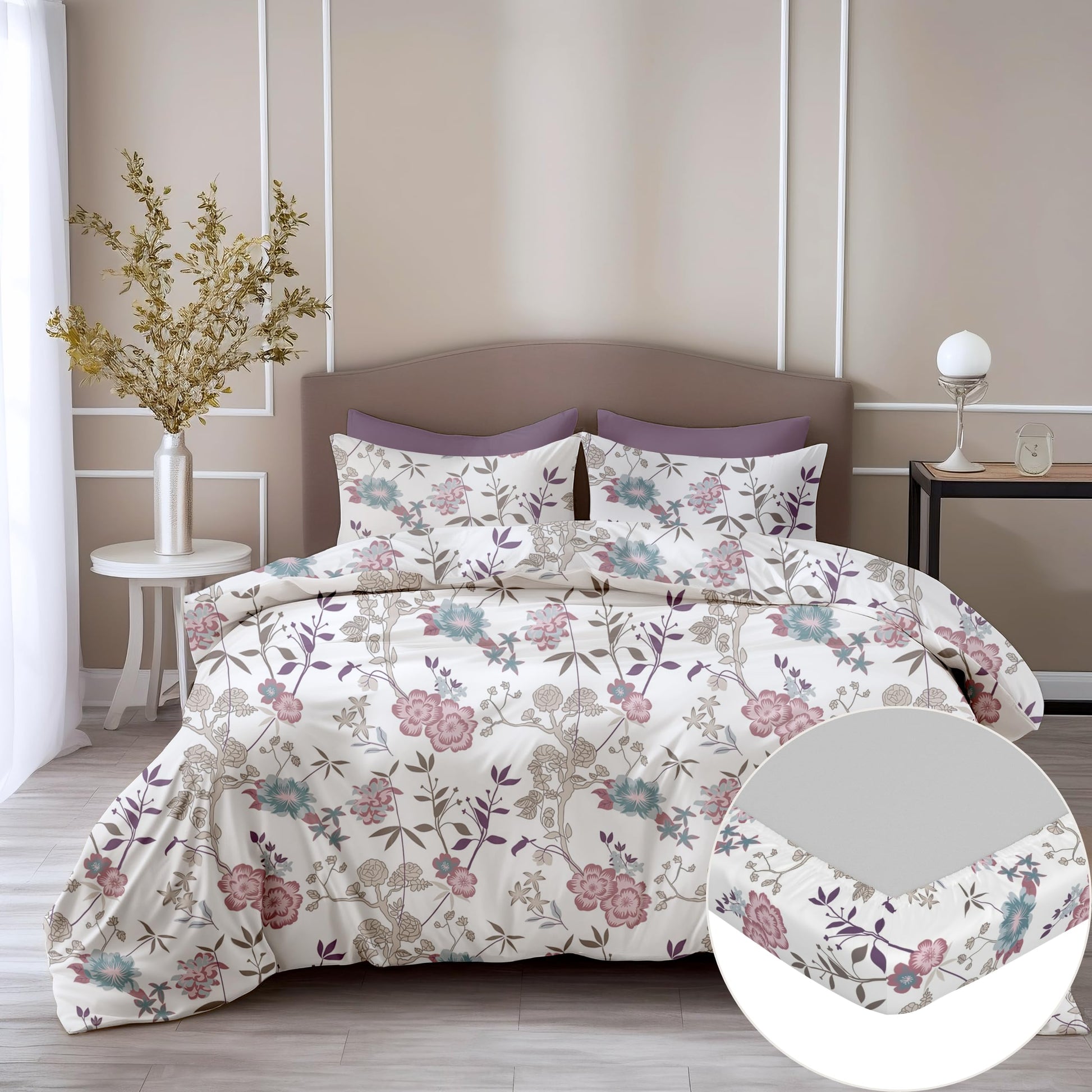 Elegant Pink & Teal Vines 100% Cotton Double Fitted Bedsheet, 144 TC, 78 x 60 Inches