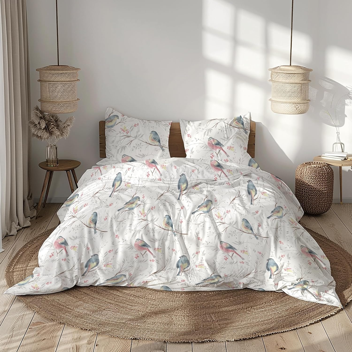 Blush Pink & Blue Bird 186 TC Cotton Fitted King Size Bedsheet with 2 Pillow Covers - 78 x 72 Inches | Soft, Breathable & All-Around Elastic