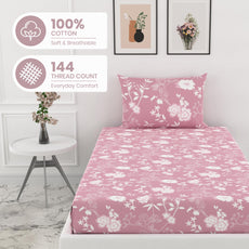 Blush Pink Vine Blooms 144 TC 100% Cotton Elastic Fitted Single Bedsheet with 1 Pillow Cover - 72 x 36 Inches