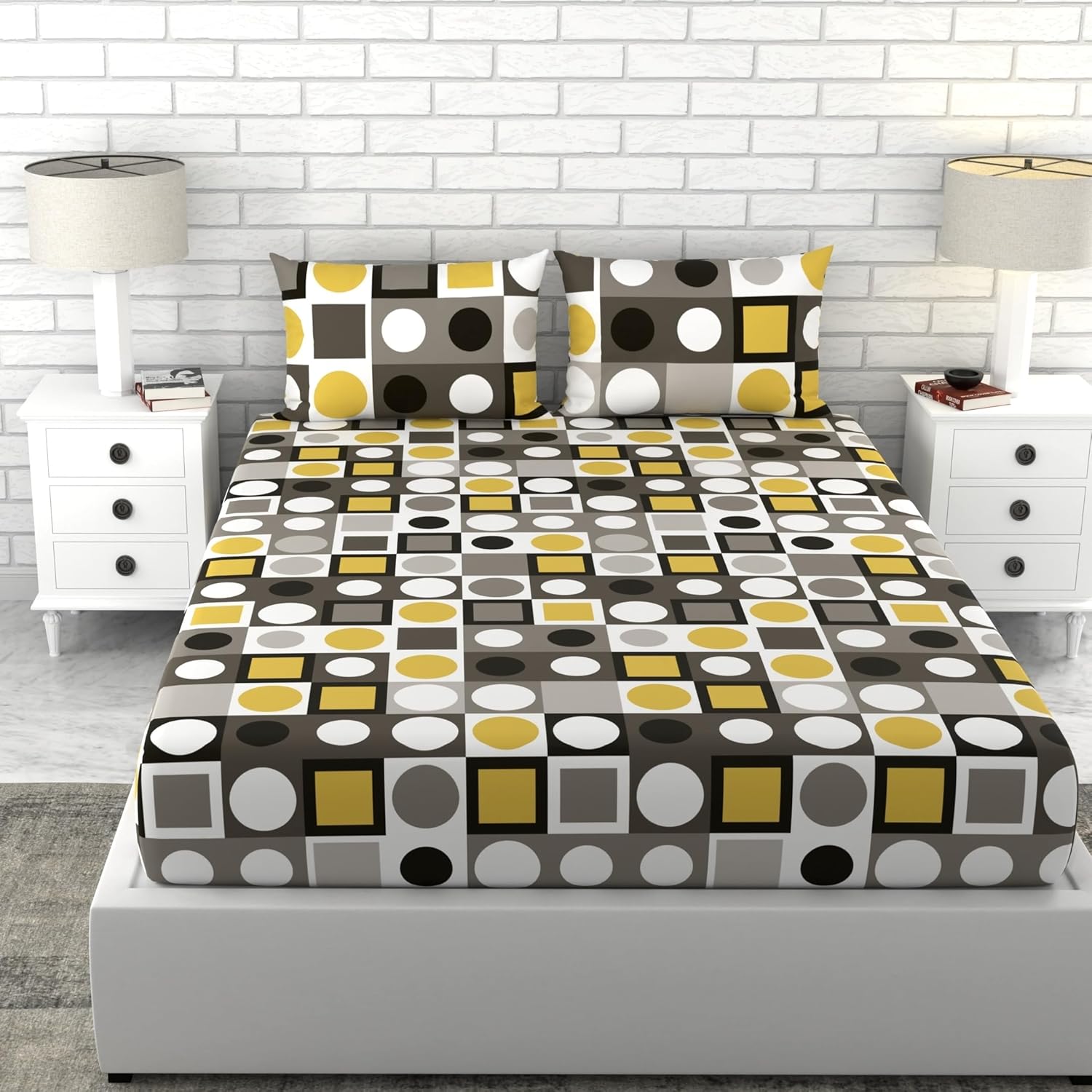 Forged Iron Grey and Lemon Zest Yellow 100% Cotton Flat Double Bedsheet, 144 TC