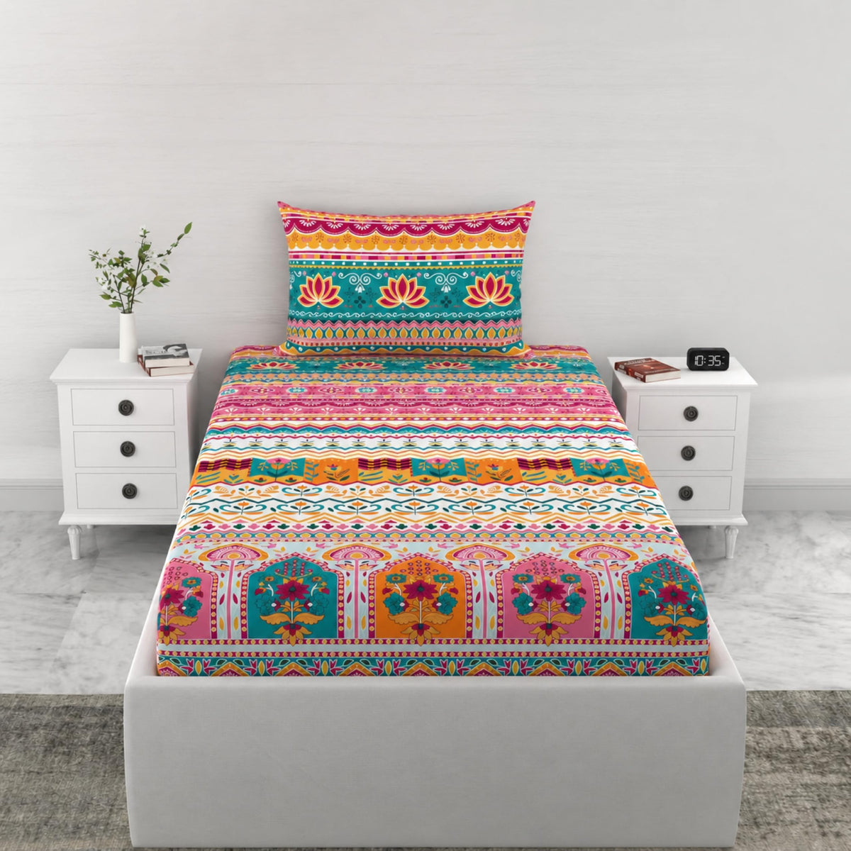 Loreto Multicolor Heritage Arch Stripes Single Fitted Bedsheet | 144 TC | 100% Cotton | Fits 78 x 36 Inches | 8 Inch Pocket - main product image