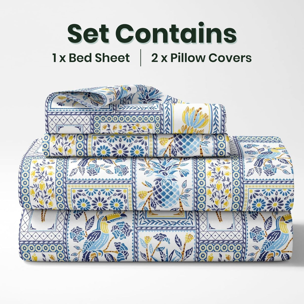 Parrot Flora Print 100% Cotton Double Fitted Bedsheet with 2 Pillow Covers, 144 TC, 78 x 60 Inches