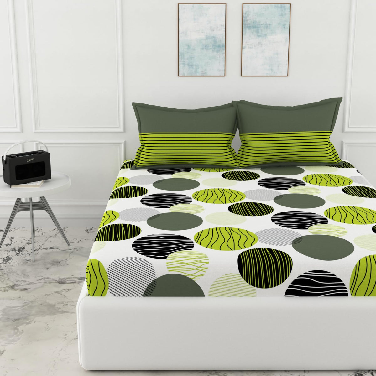 Loreto Olive Green & Black Circles King Fitted Bedsheet | 100% Cotton | Fits 72 x 72 Inches | 8 Inch Pocket - main product image