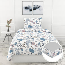 Blush & Blue Blooms 144 TC 100% Cotton Elastic Fitted Single Bedsheet with 1 Pillow Cover - 78 x 36 Inches
