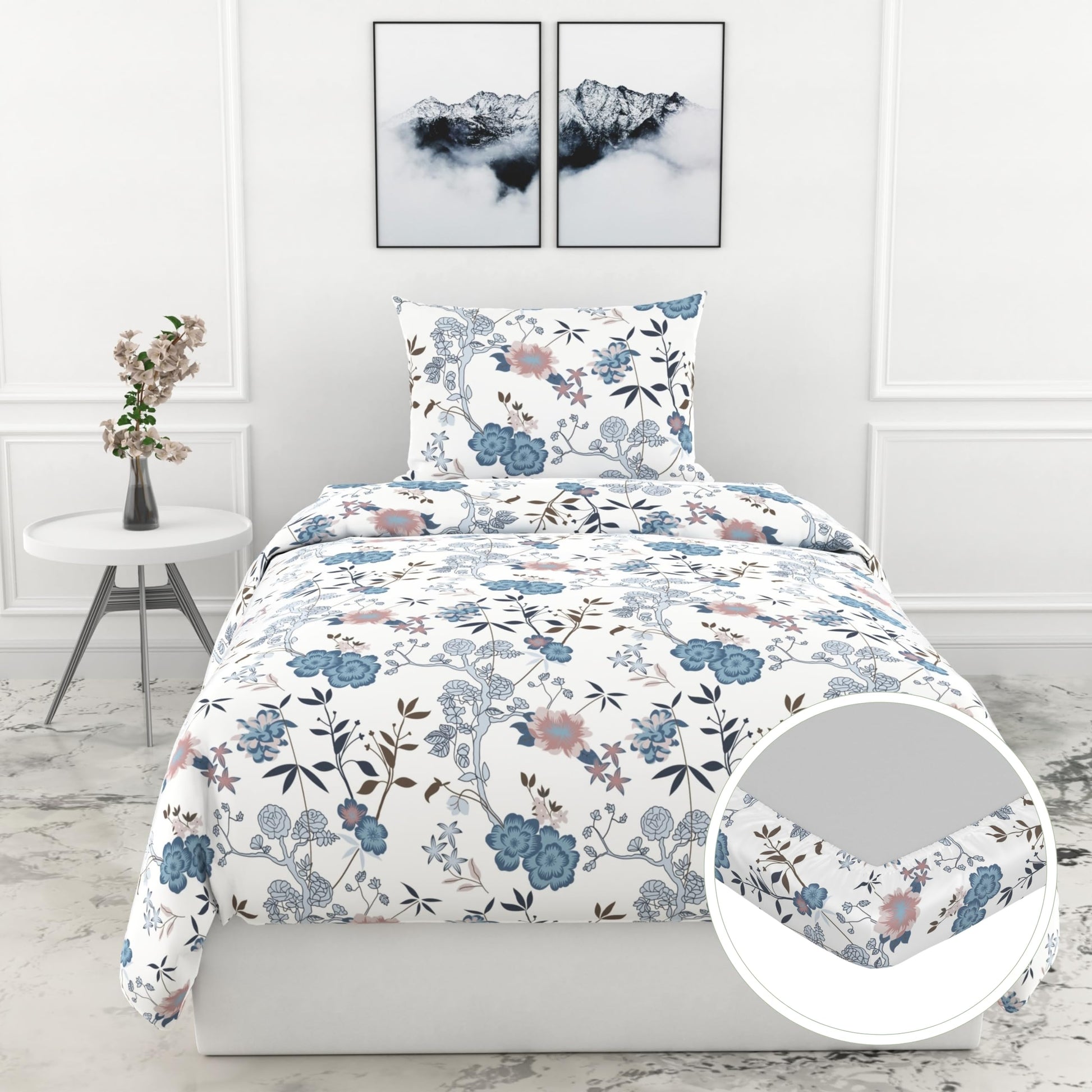 Blush & Blue Blooms 144 TC 100% Cotton Elastic Fitted Single Bedsheet with 1 Pillow Cover - 78 x 36 Inches