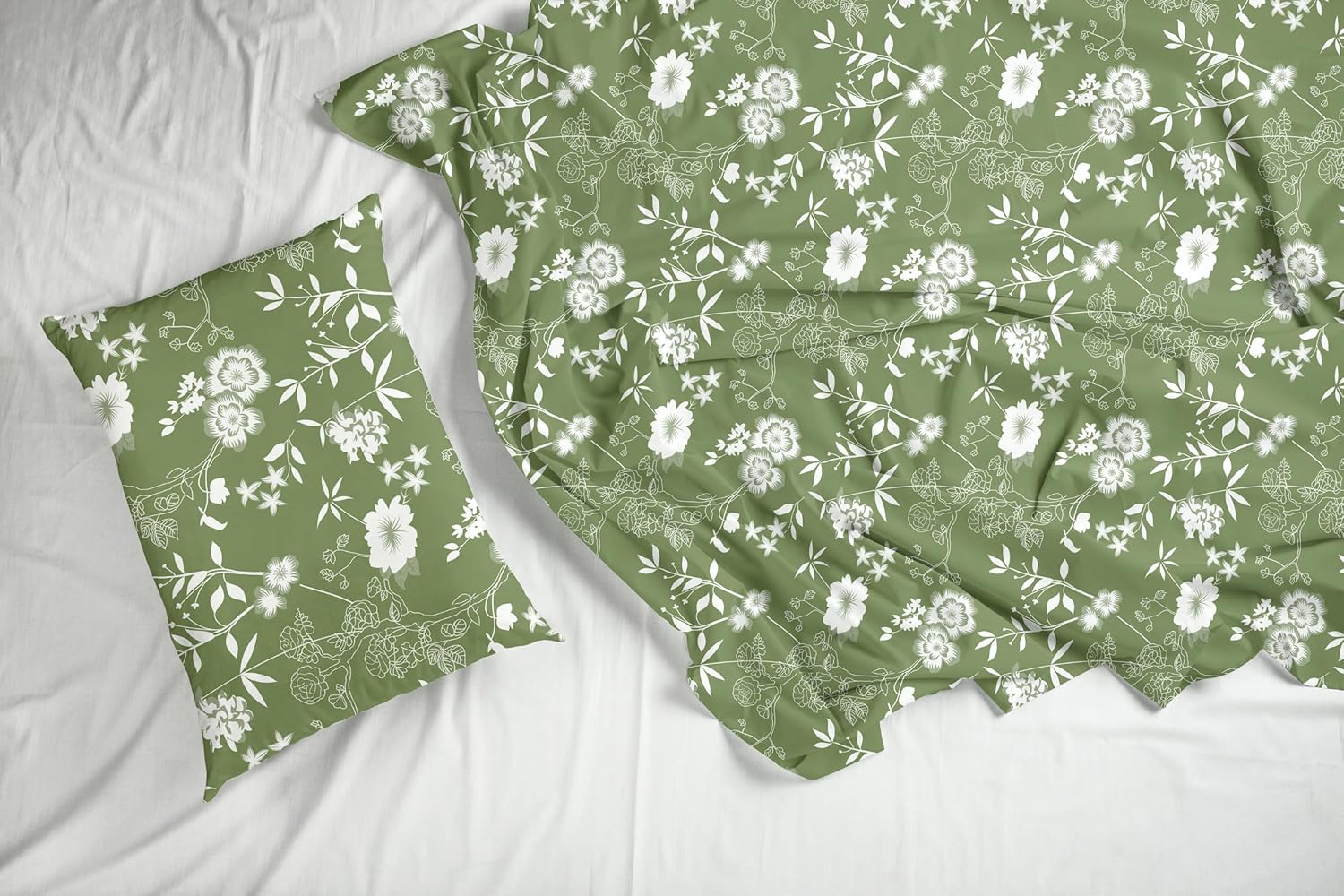 Olive Green Floral Whisper Soft & Breathable 100% Cotton Flat Double Bedsheet, 144 TC