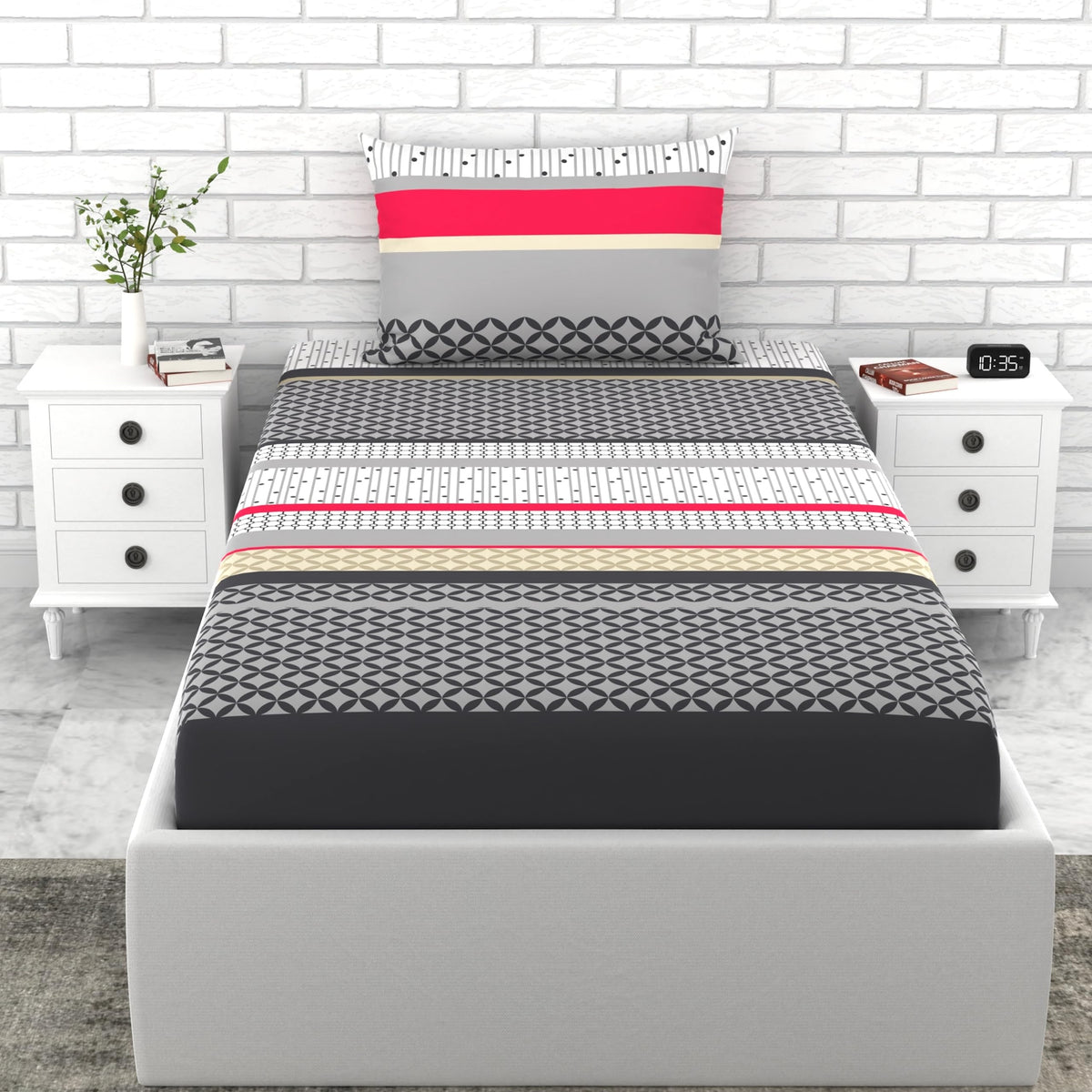 Loreto Pink Black Velvet Single Bedsheet | 186 TC | 100% Cotton - main product image