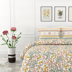 Green and Yellow Botanical Harmony 100% Cotton Flat Double Bedsheet, 144 TC