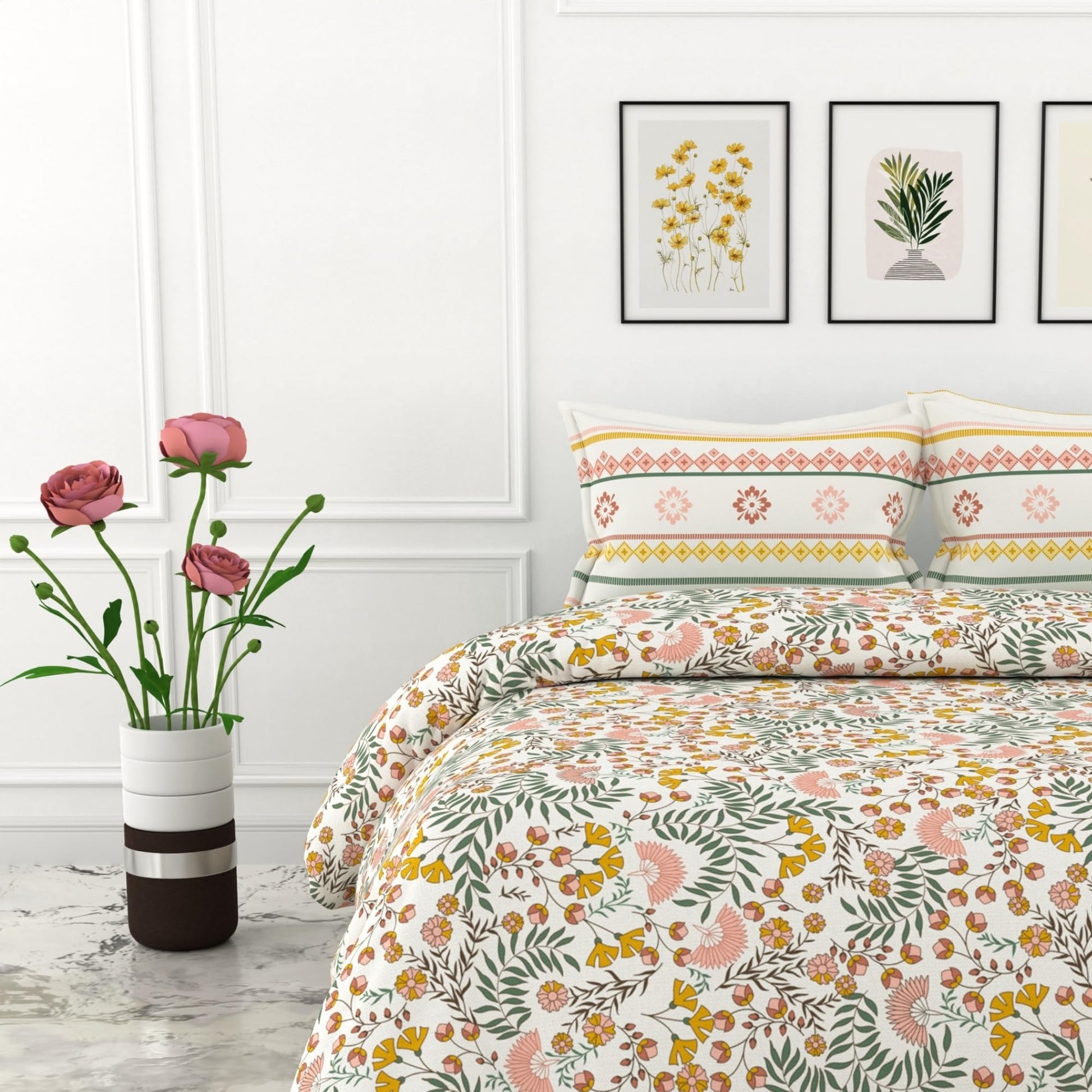 Ditsy Fresh Floral 100% Cotton King Size Bedsheet 104 x 104 Inches with 2 Pillow Covers | Soft, Breathable & Durable 144 TC Fabric