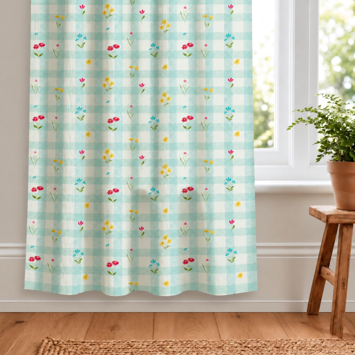 Loreto Minty Floral Check Curtain | Set of 2 | 48 x 60 Inches - main product image