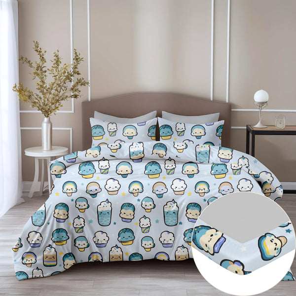 Loreto Cotton Double Fitted Bedsheet | Playful Kawaii Pastel Drinks Print