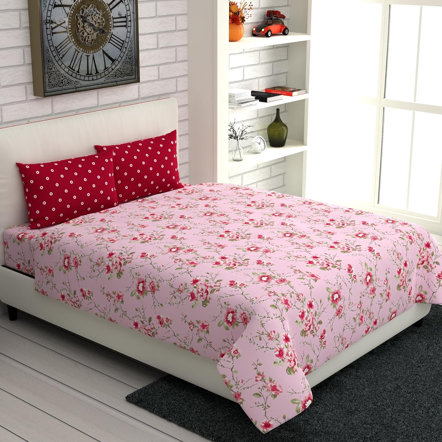 Pink Floral 100% Cotton Flat Double Bedsheet, 144 TC