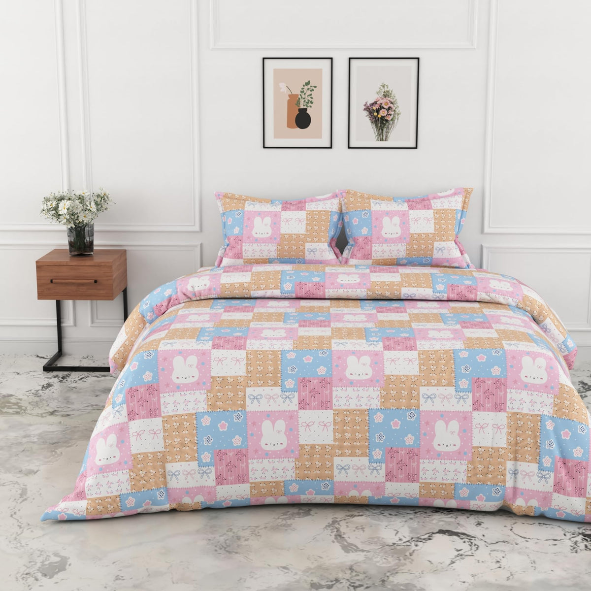 Loreto Pastel Pink Blue Bunny Patchwork Double Bedsheet | 144 TC | 100% Cotton | 88 x 90 Inches - main product image