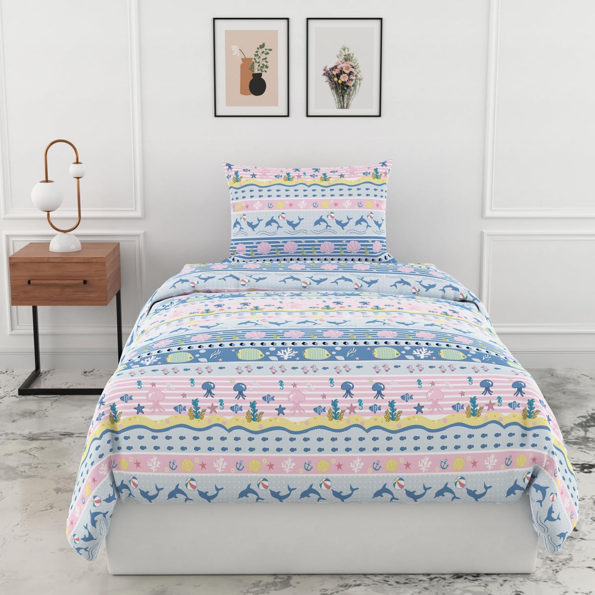 Loreto Pastel Blue Pink Sea Stripes Single Bedsheet | 186 TC | 100% Cotton | 58 x 88 Inches - main product image