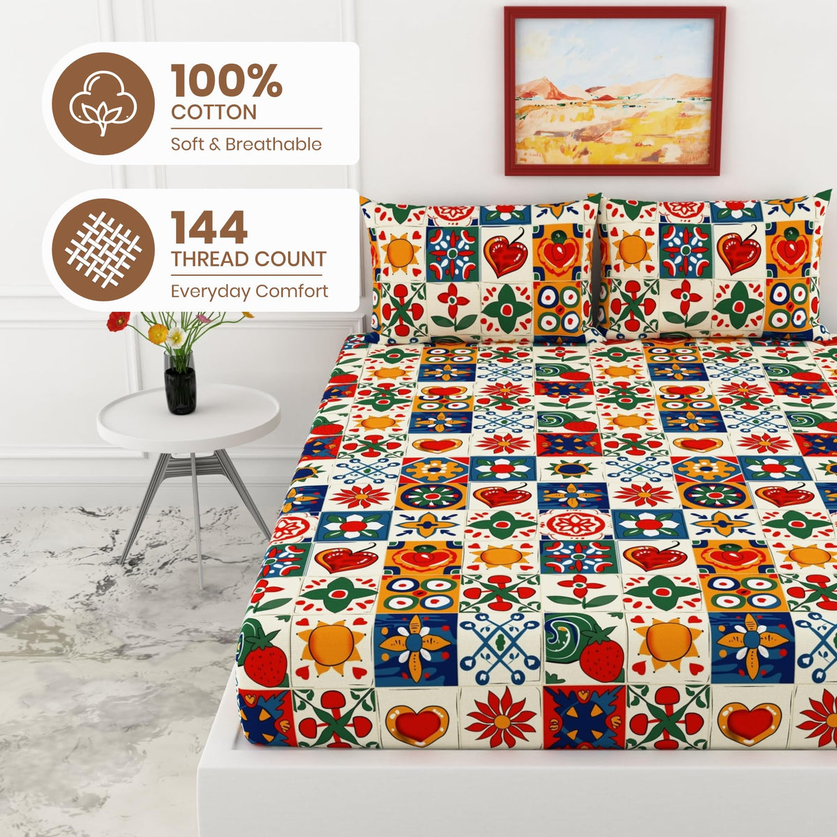 Red & Cobalt Blue Geometric 100% Cotton Elastic Fitted Bedsheet for King Size Bed 78 x 72 Inches with 2 Pillow Covers - Soft & Breathable 144 TC