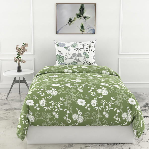 Loreto Cotton Single Bedsheet | Olive Green Floral Elegance Soft & Breathable