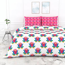 Loreto Cotton Double Bedsheet | Blue & Pinkish Red Lotus Floral Print
