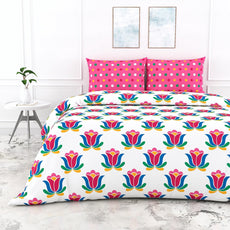 Loreto Cotton Double Bedsheet | Blue & Pinkish Red Lotus Floral Print