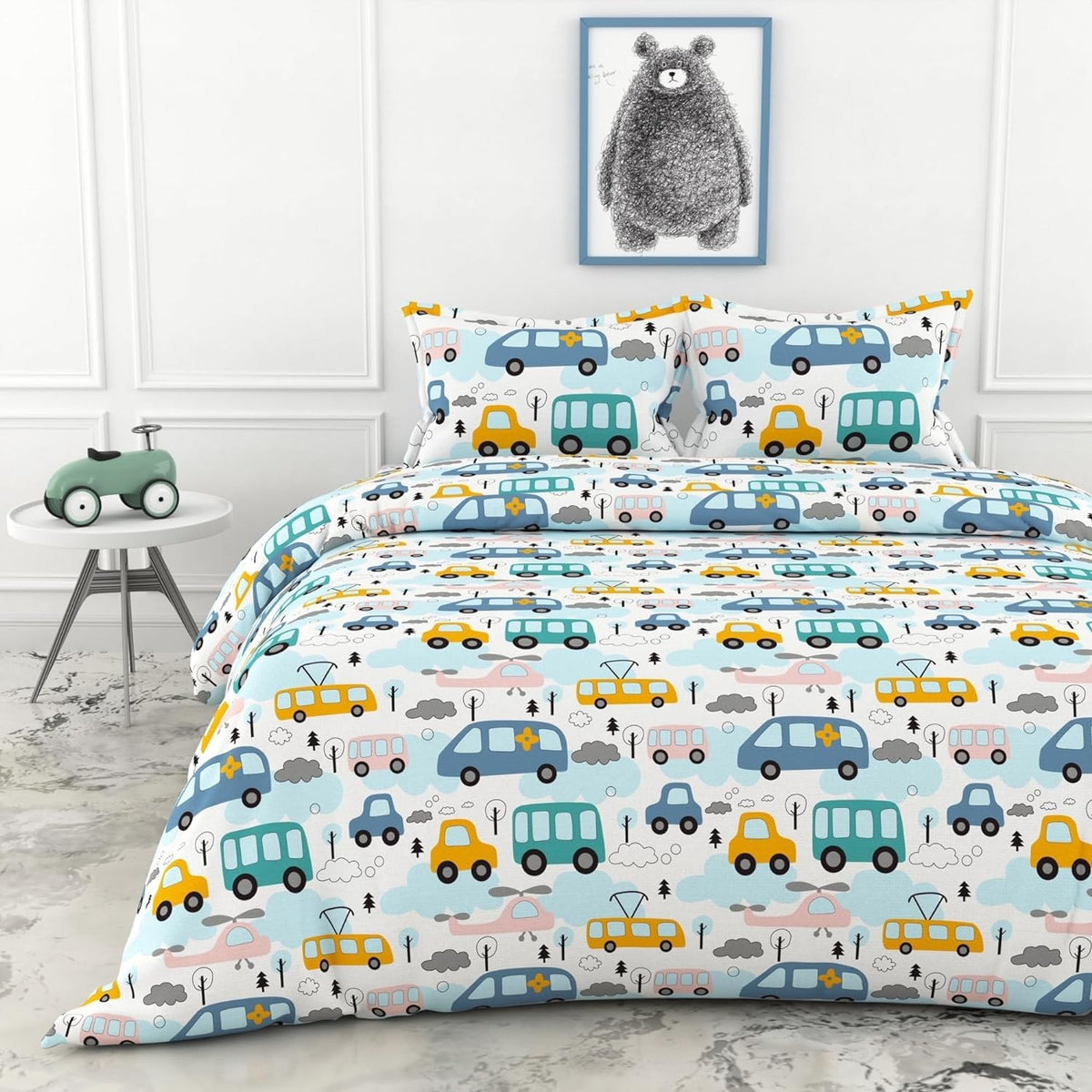 Loreto Baby Blue&White Motor Car Design Double Bedsheet | 144 TC | 100% Cotton | 90 x 88 Inches - main product image