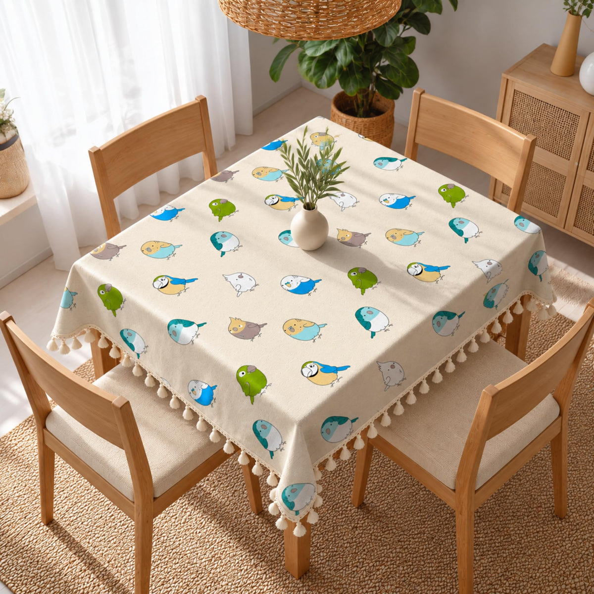 Loreto Multicolor Birds on Soft Beige Cotton Dining Table Cover | 48 x 48 Inches - main product image