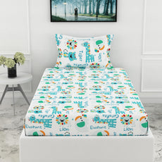 Loreto Cotton Single Fitted Bedsheet | Aqua & Rainbow Animal 144 TC