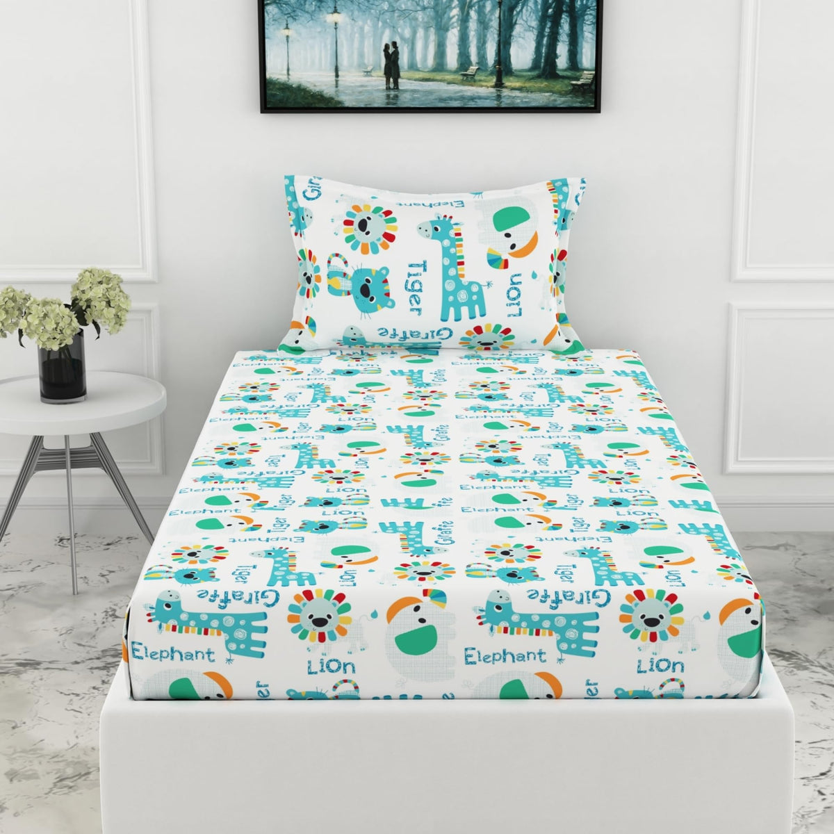 Loreto Cotton Single Fitted Bedsheet | Aqua & Rainbow Animal 144 TC