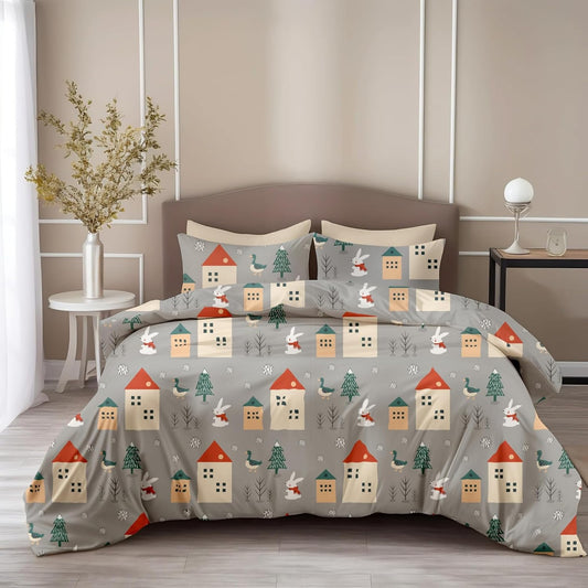 Loreto Cotton Double Bedsheet | Warm Grey Winter Village Bunny 186 TC Cotton , 90 x 90 Inches - Soft Percale Weave with 2 Covers, Durable & Breathable