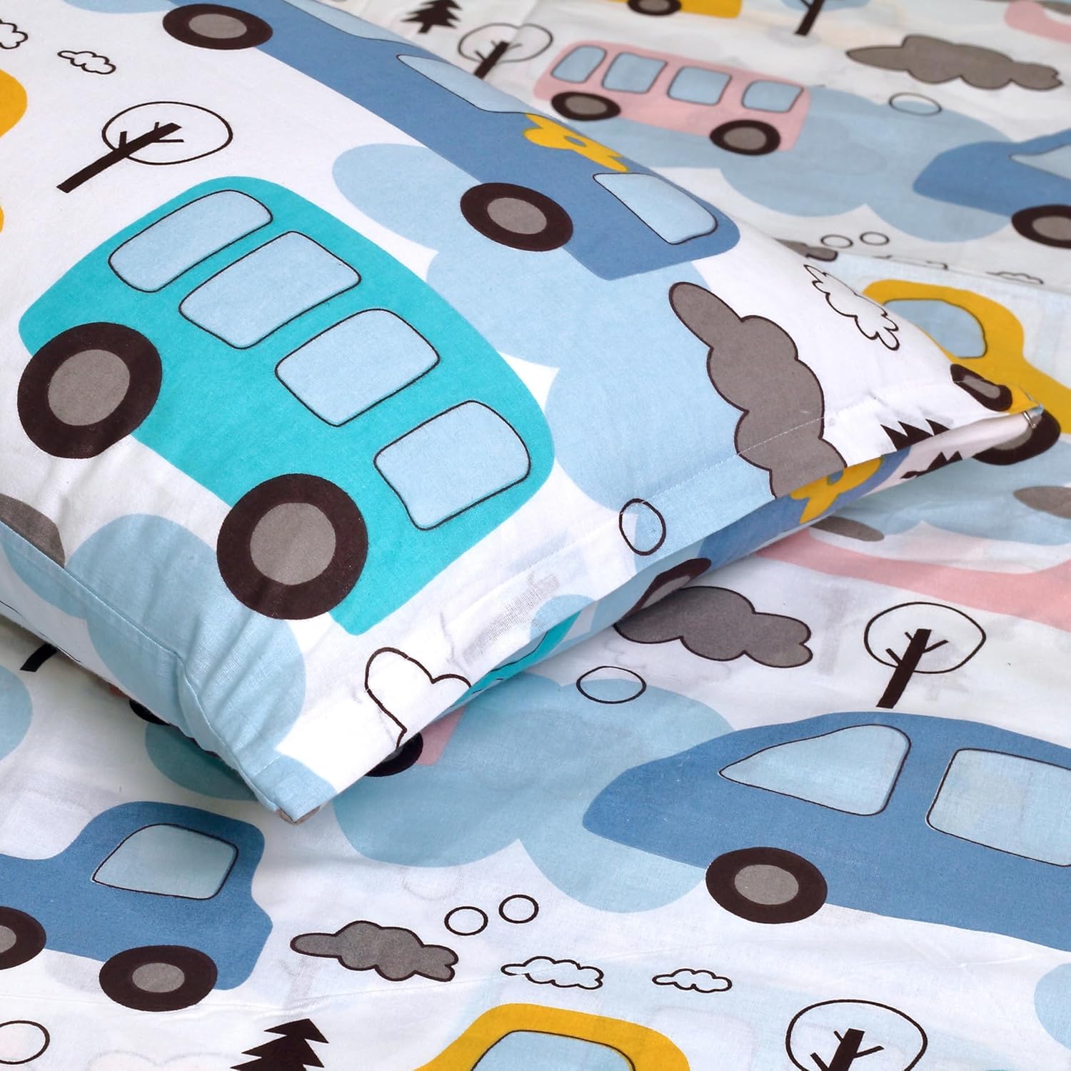 Bubblegum Blue Bus & Banana Yellow Cars 100% Cotton King Fitted Bedsheet, 144 TC