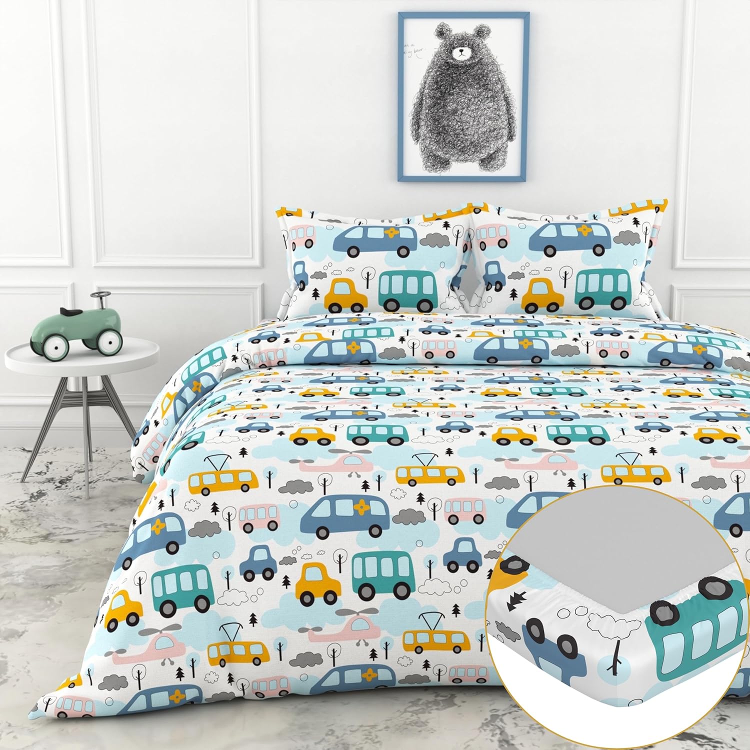 Loreto Cotton King Fitted Bedsheet | Bubblegum Blue Bus & Banana Yellow Cars